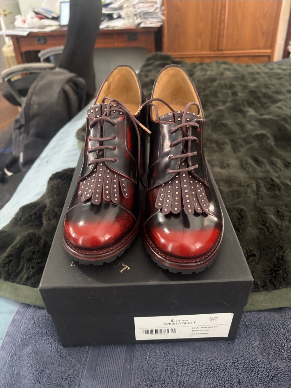 Angela Scott Men's Burgundy & Black Stud-Trim Leather Derby